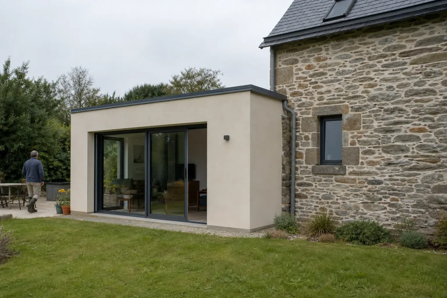 Extension de maison de plain-pied achevée, vue du jardin, avec le raccord visible entre la maçonnerie ancienne et le volume neuf