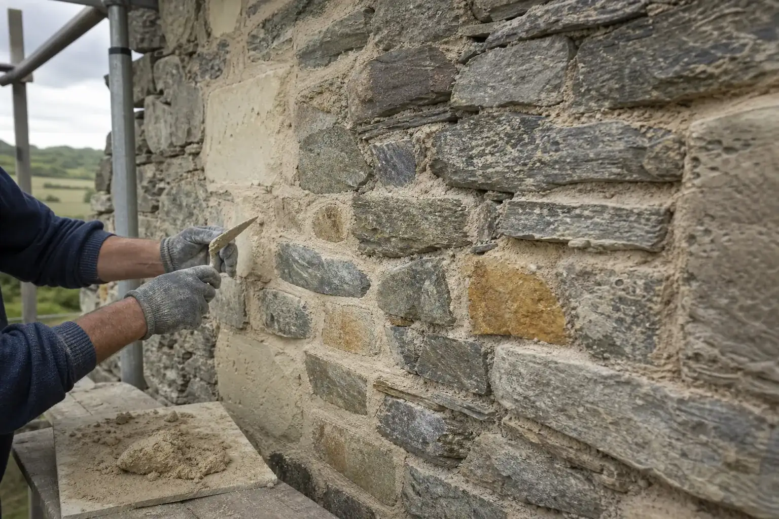 Mains gantées d'un maçon rejointoyant un mur de schiste au mortier de chaux, la moitié du mur déjà reprise