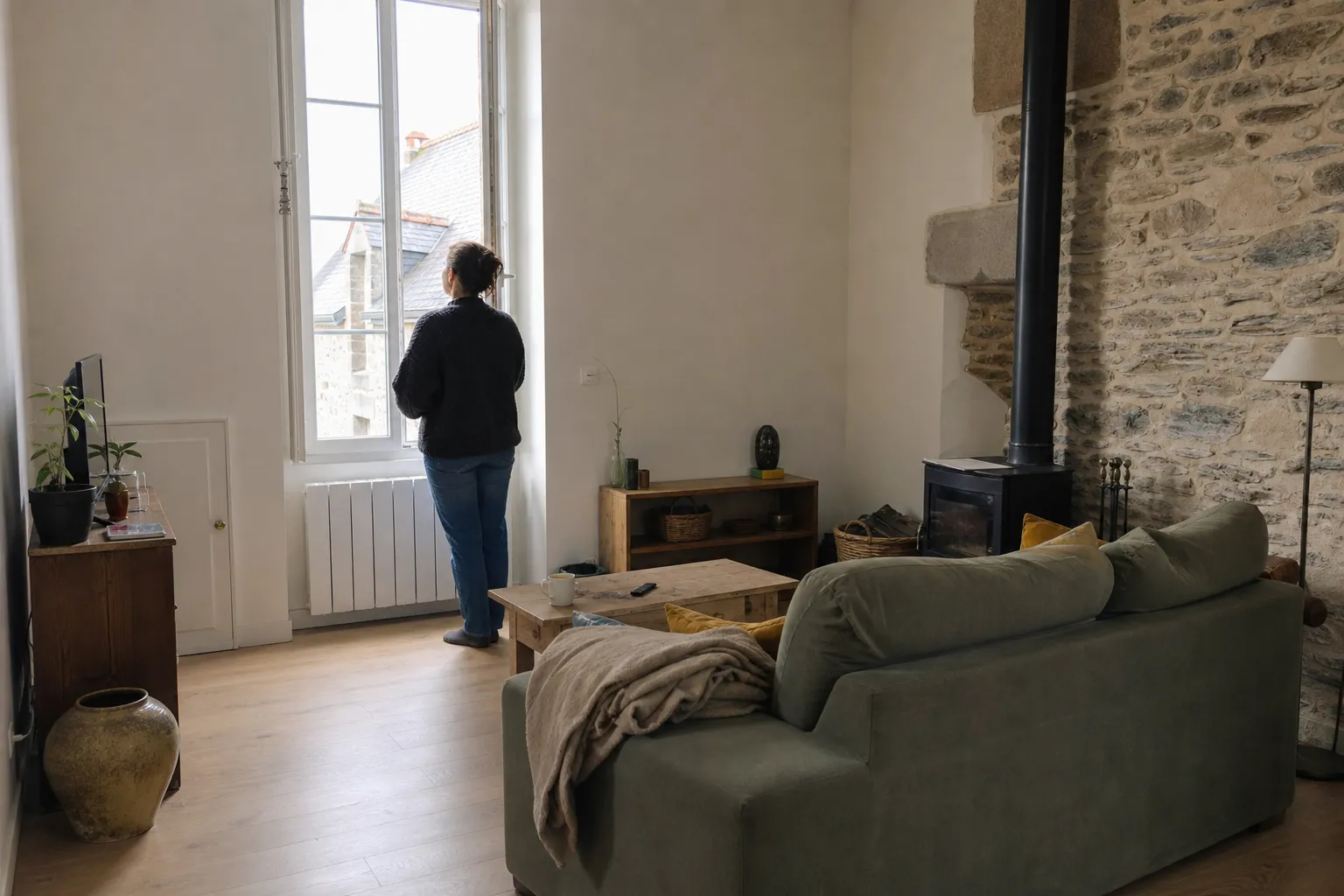 Séjour rénové et habité, parquet de chêne clair, murs blancs et une portion de mur en pierre laissée apparente