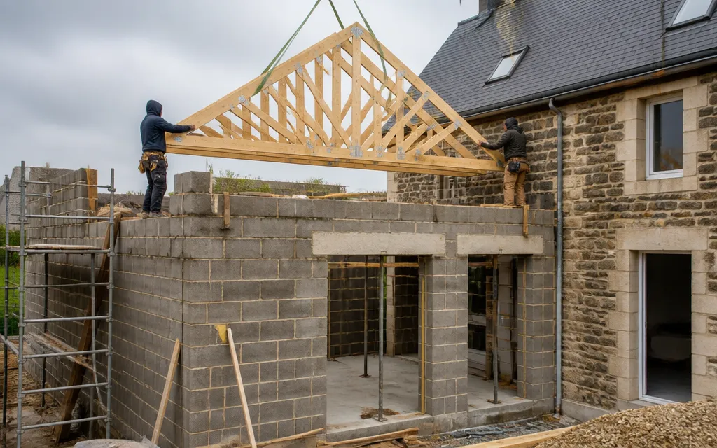 Chantier d'extension de maison, murs en agglomérés montés jusqu'au linteau et charpente en cours de pose