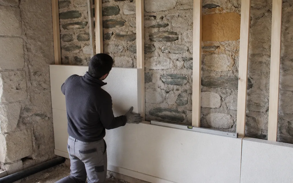 Pose de panneaux isolants rigides contre un mur intérieur en pierre, sur tasseaux de bois