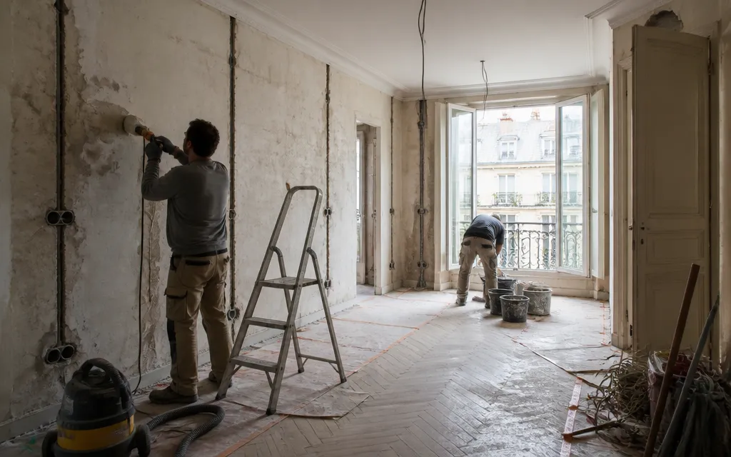 Appartement en cours de rénovation, murs décapés et gaines électriques encastrées dans le plâtre