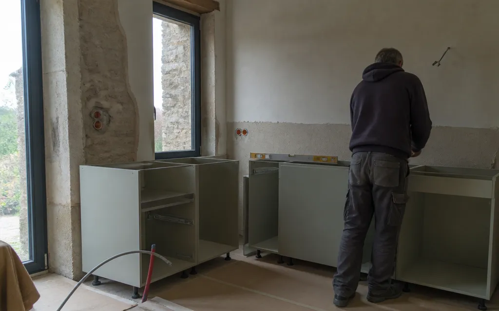 Cuisine en cours de pose, meubles bas alignés sans plan de travail et arrivées d'eau en attente