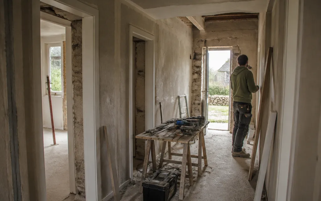 Maison en rénovation complète vue depuis l'entrée, murs au plâtre brut et huisseries neuves posées