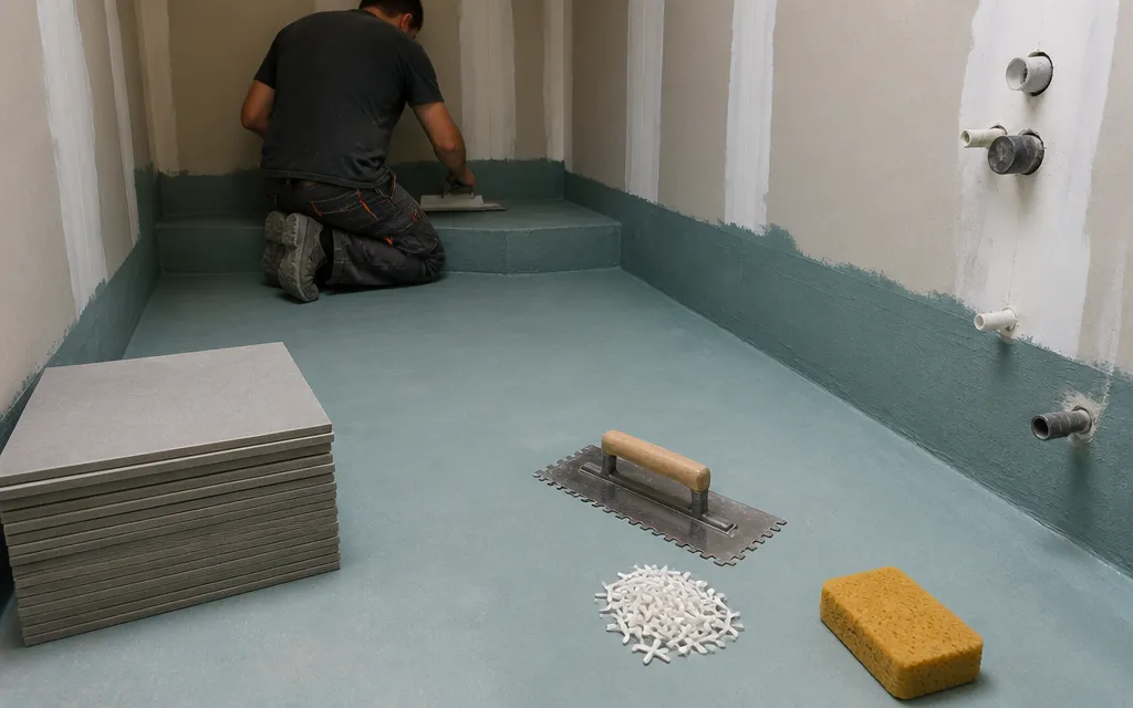Salle de bain en cours de carrelage, membrane d'étanchéité appliquée au sol et en bas des murs